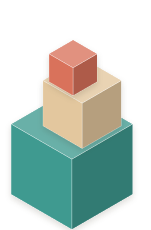 Three stacked building blocks: a large teal cube, a sand cube, and a small coral cube